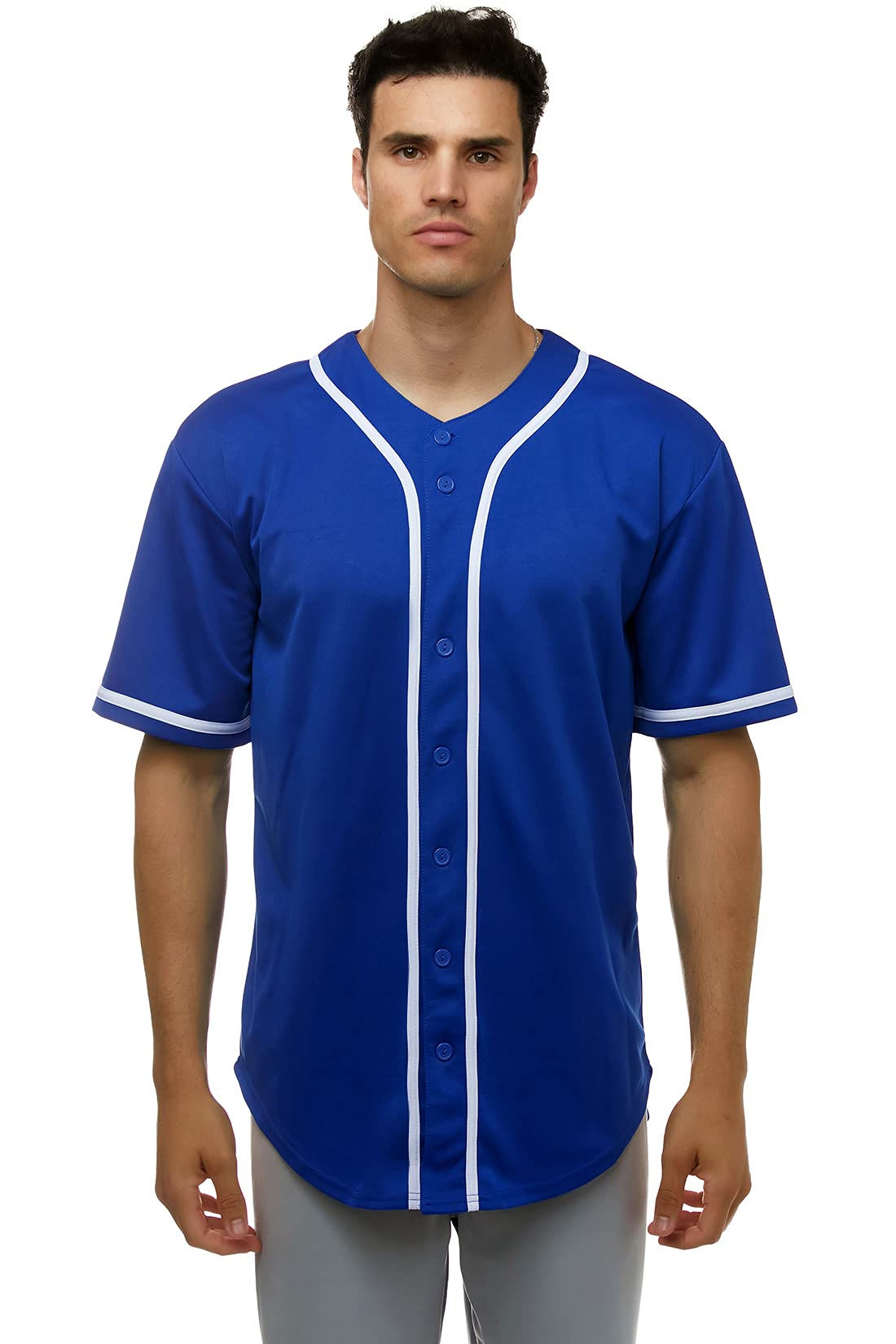 JC DISTRO Mens Short Sleeve Plain Button Down Baseball Jersey Team Jersey RoyalB