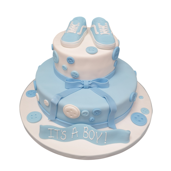 Bespoke baby shower cake in Solihull, West Midlands, featuring Vans baby shoes and number toppers 10 & 6.