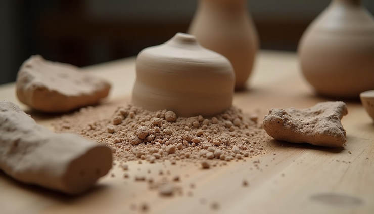 Close-up view of raw clay and minerals on a potter's table