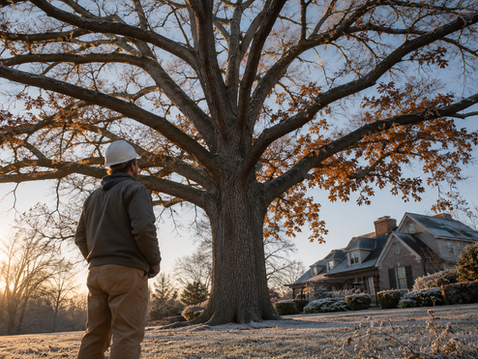 Professional arborist inspecting a mature oak before winter in Springfield, Missouri