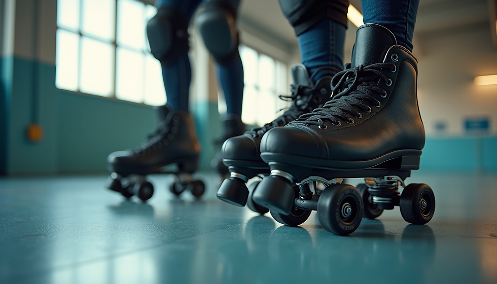 Eye-level view of a skater practicing balance on one foot