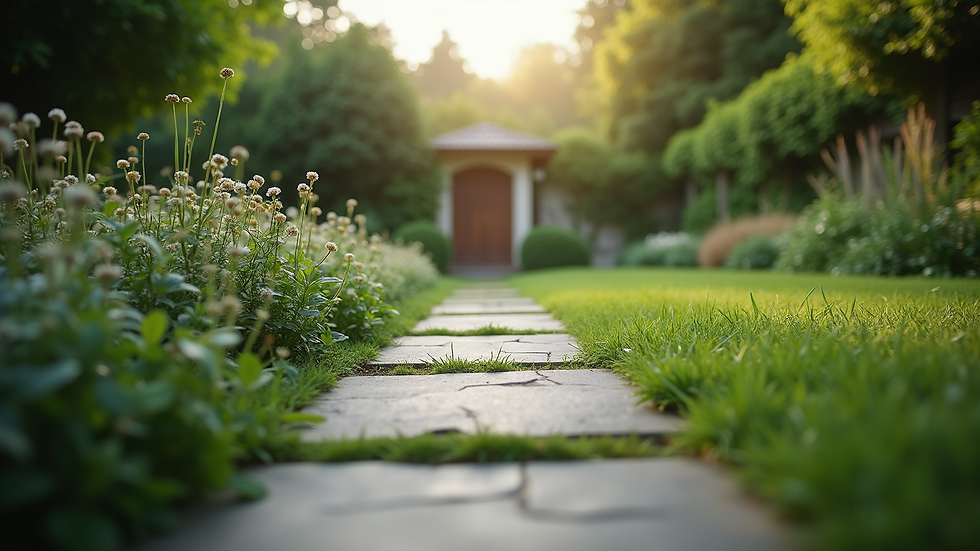 Eye-level view of a serene garden with a stone pathway