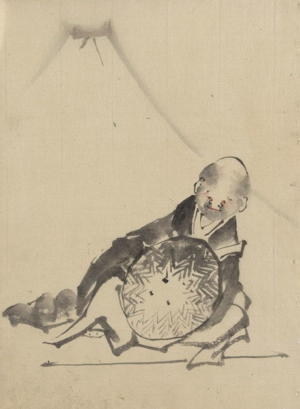A monk reclining, holding a large conical hat / Katsushika Hokusai
