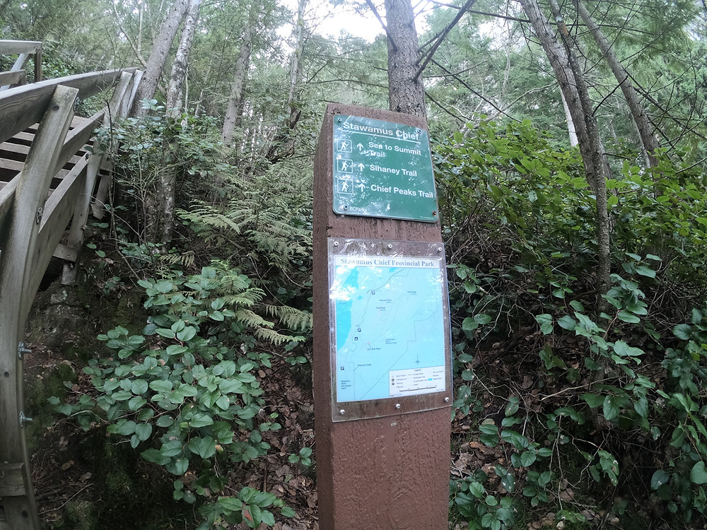 A post with the directions to different points on Stawamus Chief, surrounded by leaves next to natures staircase