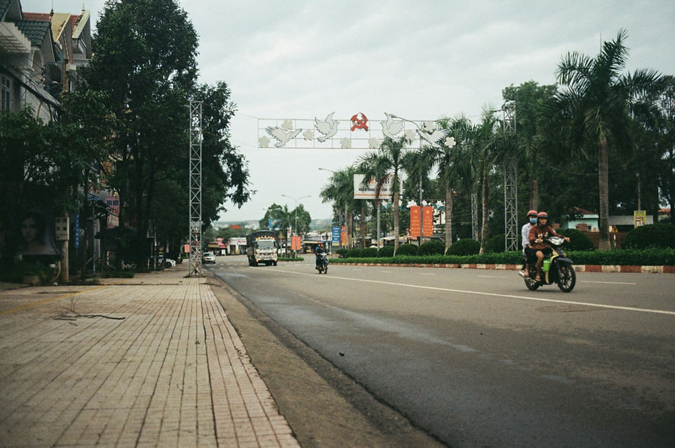 Motorbike with two riders on a wide street, palm trees lining the road, banner with doves above. Overcast sky, urban setting.