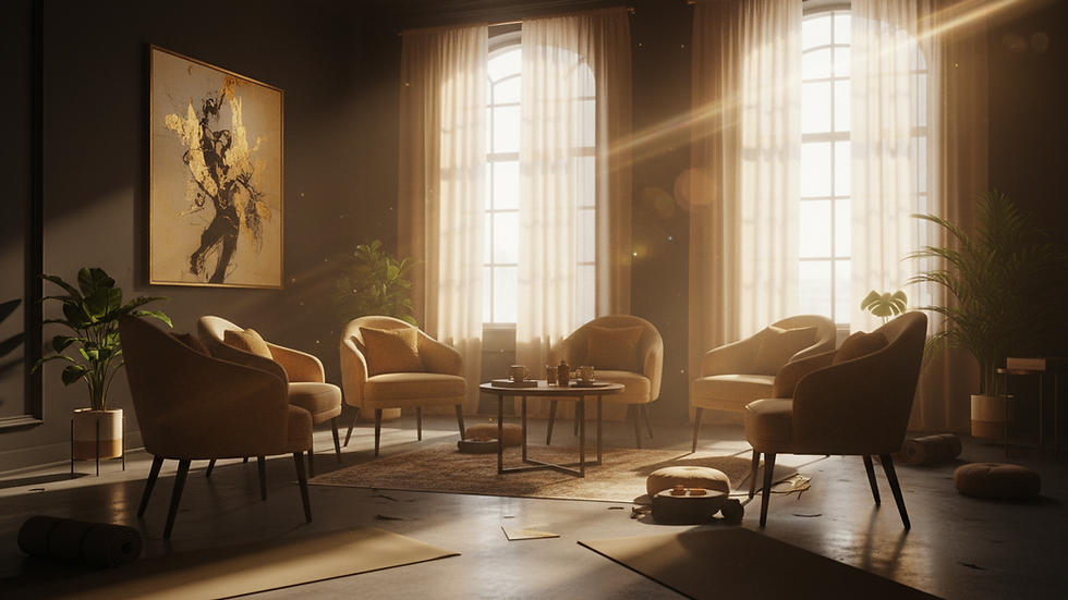 Vista a nivel de ojo de una sala de terapia con sillas vacías y luz suave