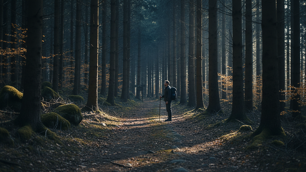 Vista a nivel de los ojos de un camino solitario en un bosque tranquilo