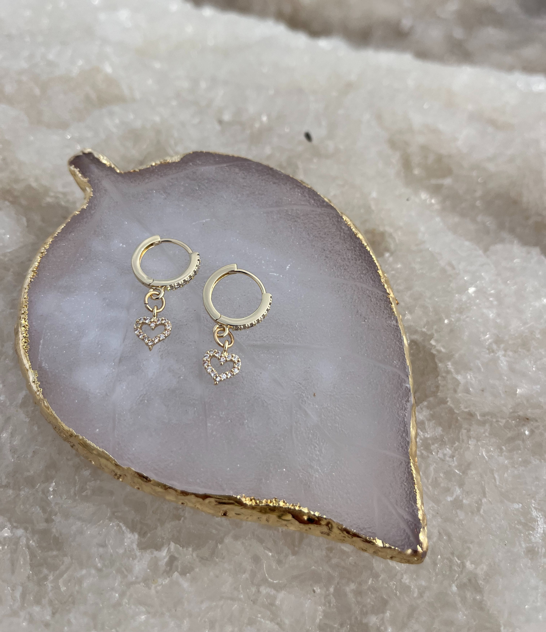 Gold heart hoop earrings with CZ crystals