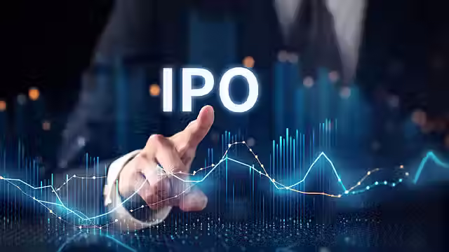 A person in a suit pointing at glowing white "IPO" text above dynamic financial charts and line graphs.