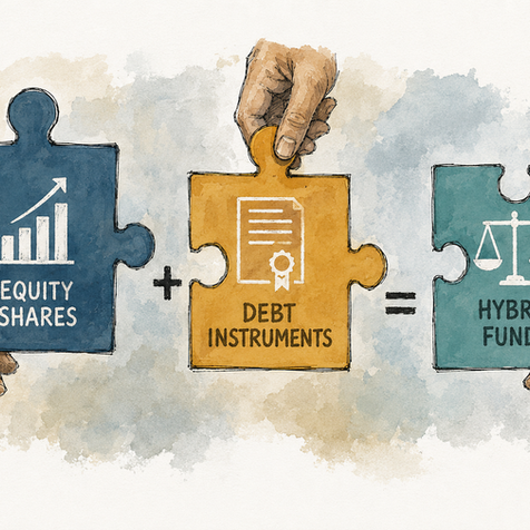 Watercolor illustration showing two puzzle pieces labeled "EQUITY SHARES" and "DEBT INSTRUMENTS" connecting to form a third piece labeled "HYBRID FUNDS."