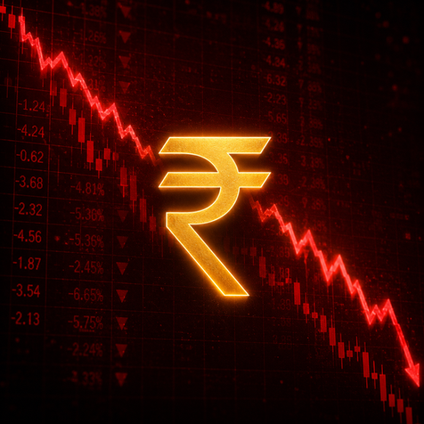 Conceptual financial graphic showing a glowing golden Indian Rupee symbol against a dark red background with downward-trending candlestick charts and a falling jagged red arrow.