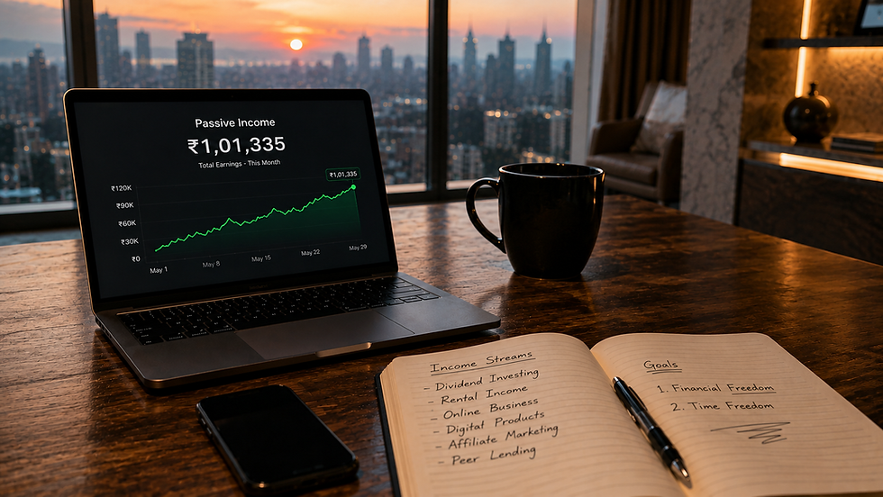 Laptop on a wooden desk showing a rising passive income dashboard alongside a black mug, a smartphone, and an open notebook listing financial goals.