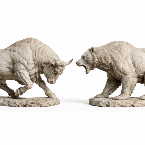 Classical stone sculptures of a muscular bull and a roaring bear facing each other in a standoff on a white background.