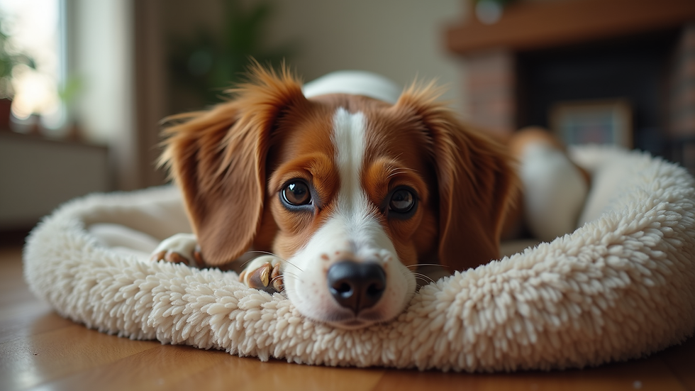 Eye-level view of Freddie the Cavalier lounging on a cozy dog bed