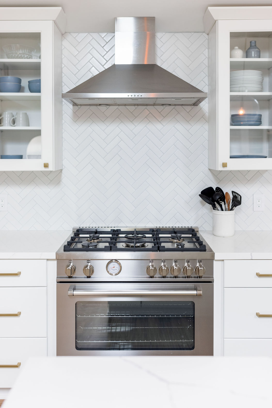 Modern stainless steel gas range and range hood
