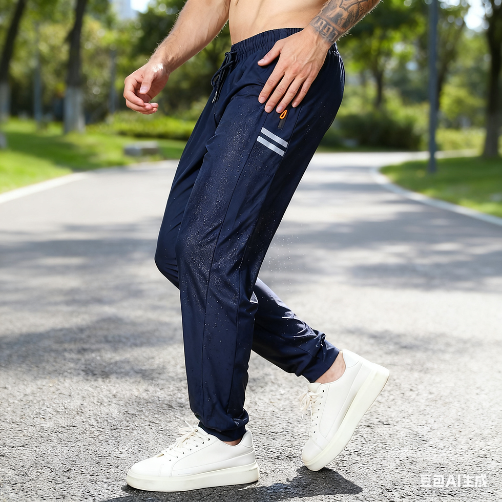 Miniatura: Homem caminhando com calça esportiva azul marinho em parque