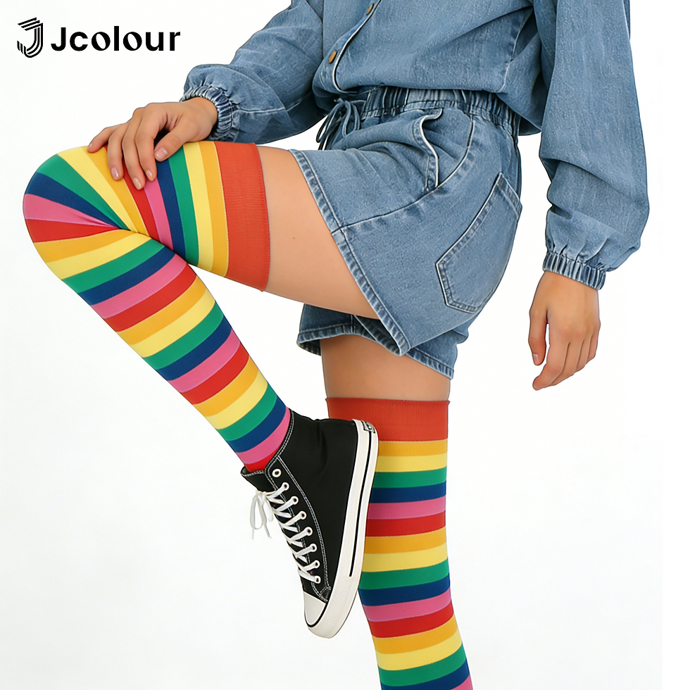 Meias 7/8 listradas coloridas arco-íris com tênis preto e shorts jeans.