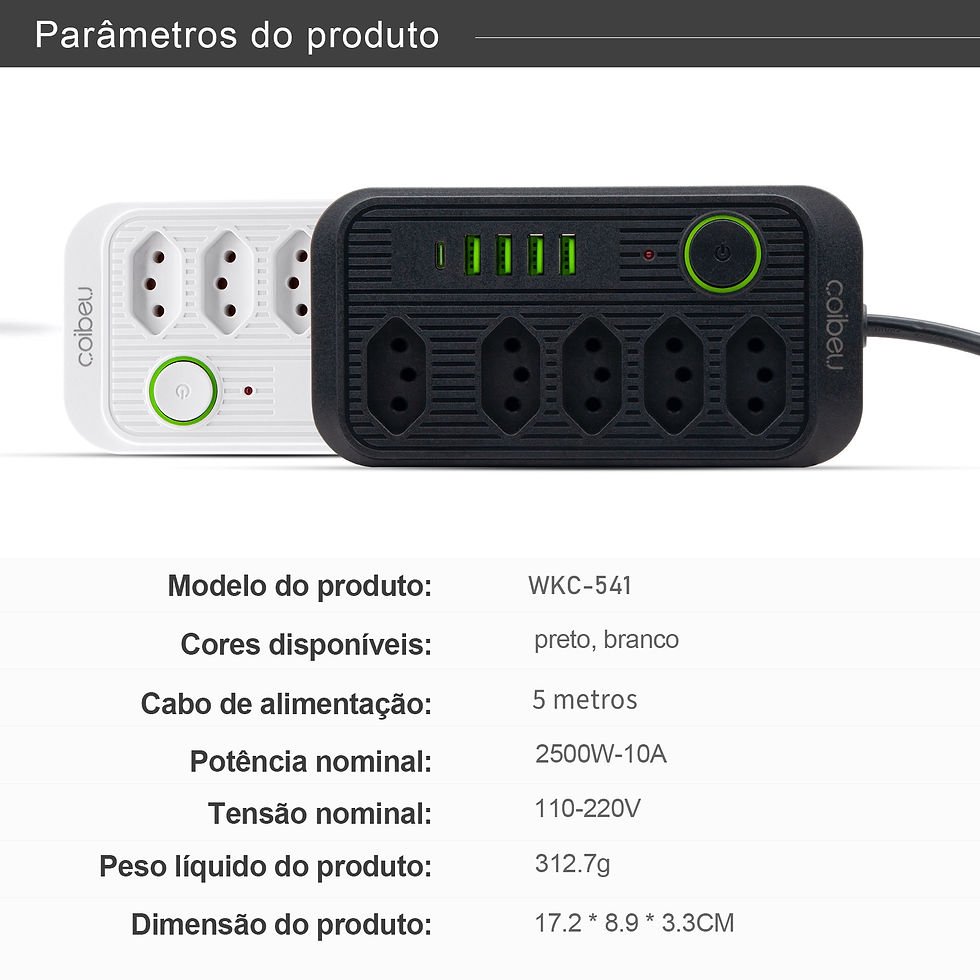 Miniatura: Extensão elétrica de 4 tomadas em preto e branco com especificações técnicas.