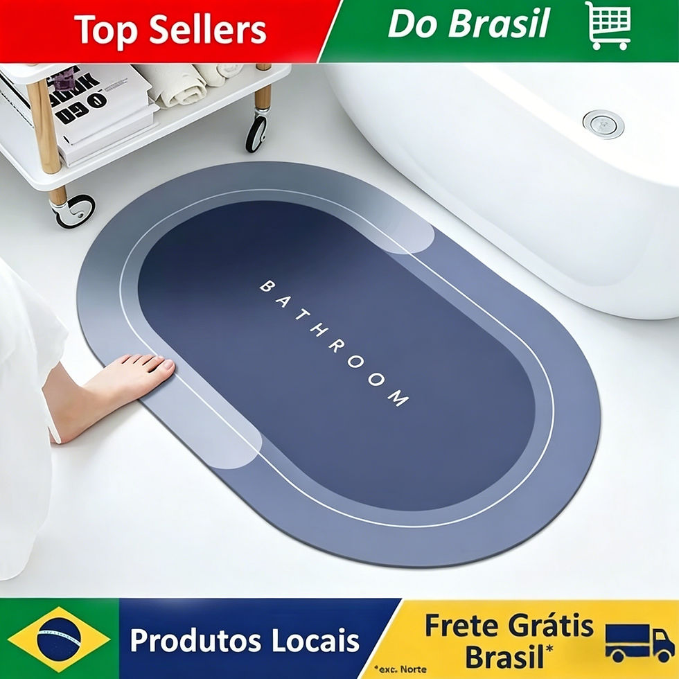 Tapete de banheiro oval azul com texto Bathroom e frete grátis.