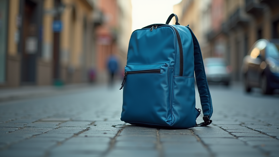 Vista lateral de mochila urbana compacta em tecido resistente azul