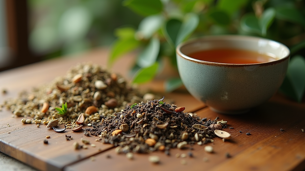 Close-up view of herbal tea ingredients spread out on a wooden table