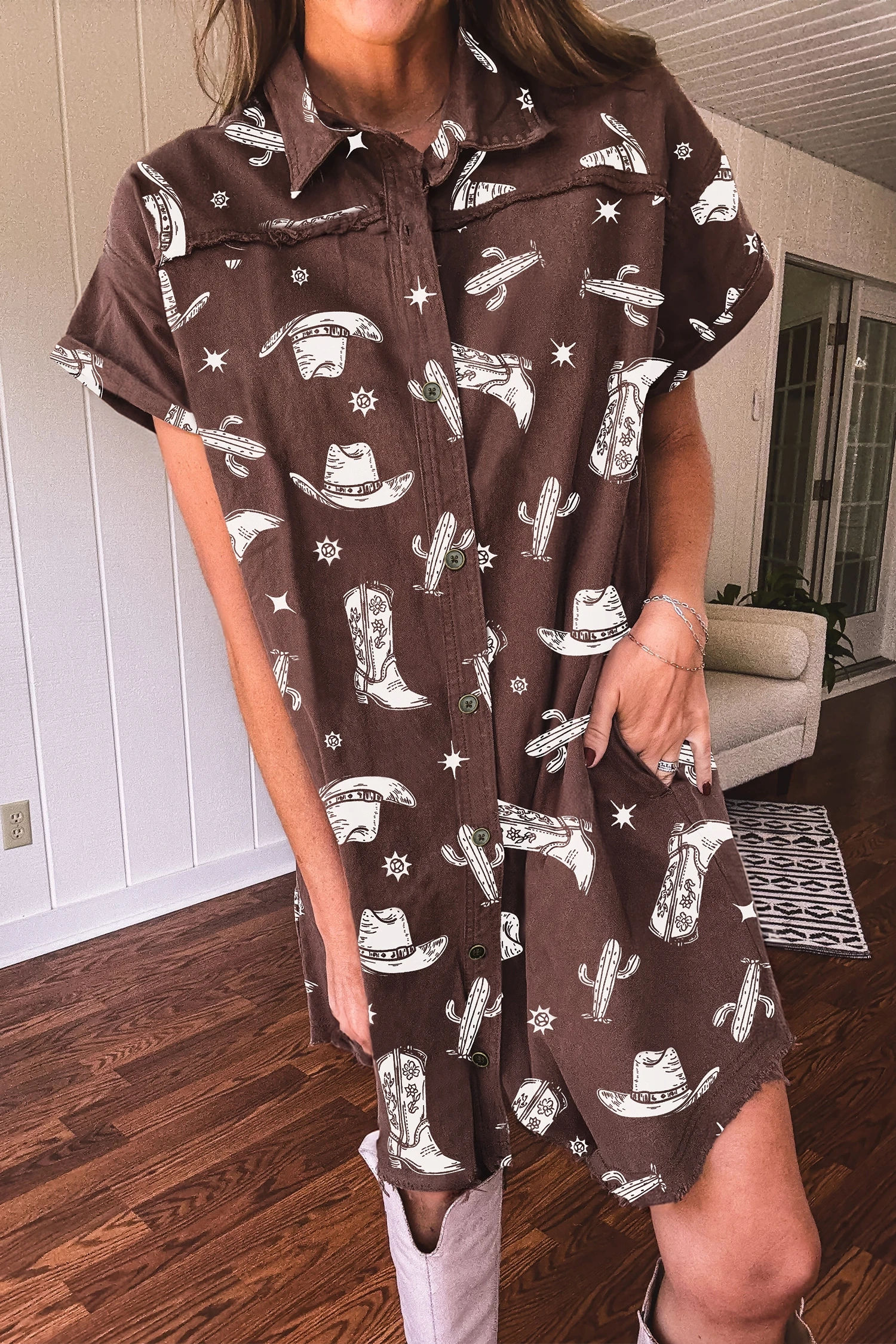 Whimsy Rose Denim Style Cowgirl Button Up Dress