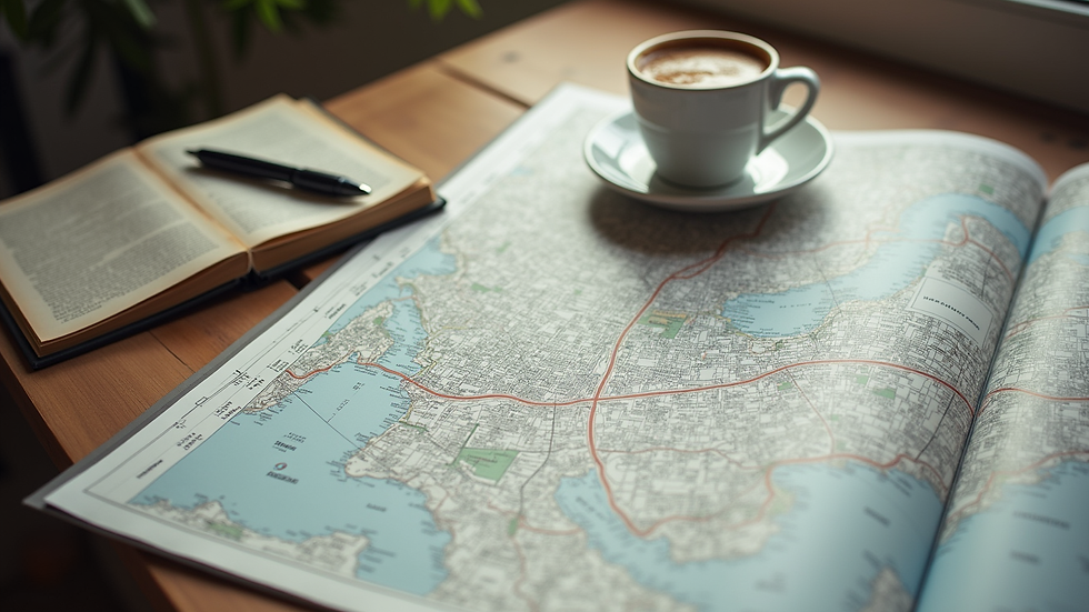 High angle view of a city map with travel notes and a coffee cup