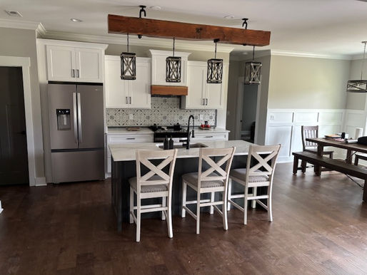 Rustic Elegance: Antique Heart Pine Beam with Lighting Transforms Kitchen Island