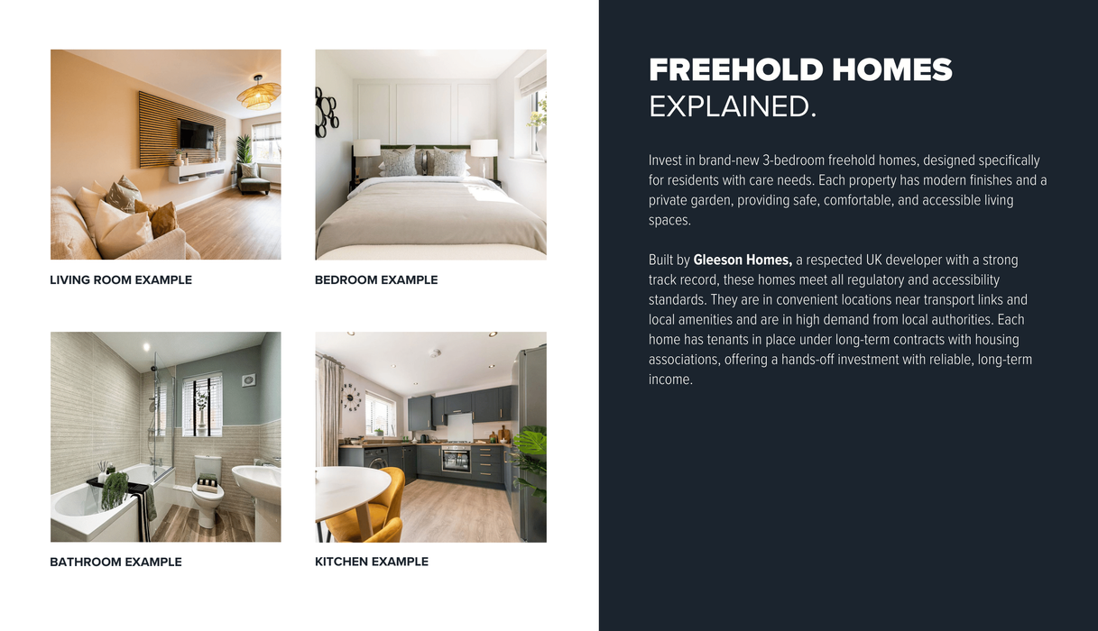 Page 2: Knight Knox Freehold Houses, brochure:FREEHOLD HOMES EXPLAINED, graphic with living room, bedroom, bathroom, kitchen examples.