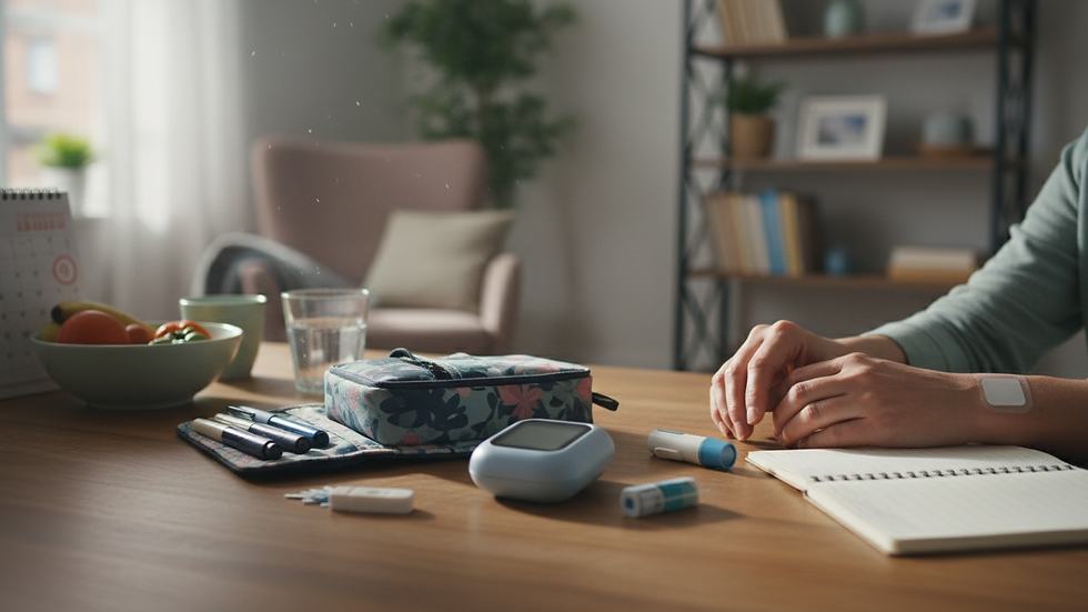 Close-up view of medical supplies for diabetes care on a table