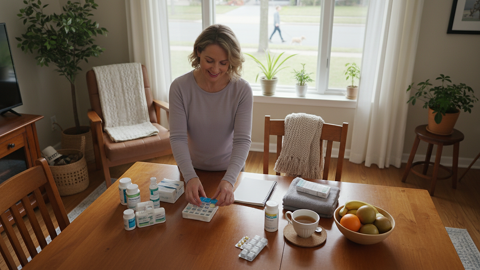 High angle view of a caregiver organizing medication and care materials