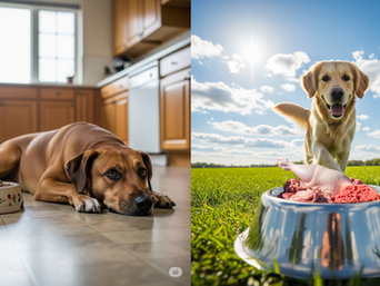 A bored kibble fed dog and a vibrant raw fed dog