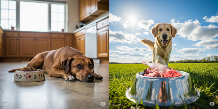 Healthy happy dog eating fresh food.