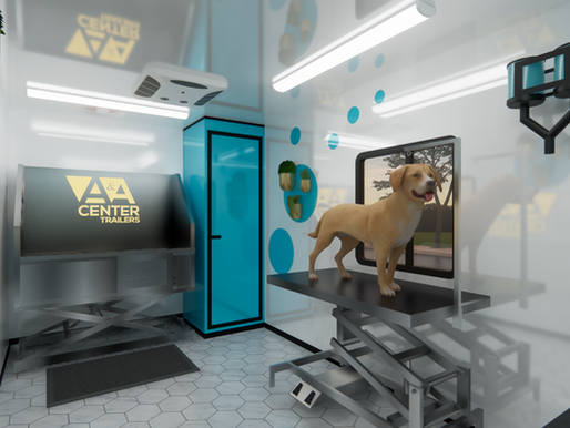 A fully visualized pet grooming trailer interior—designed in 3D to confirm layout, workflow, and equipment placement before production begins.