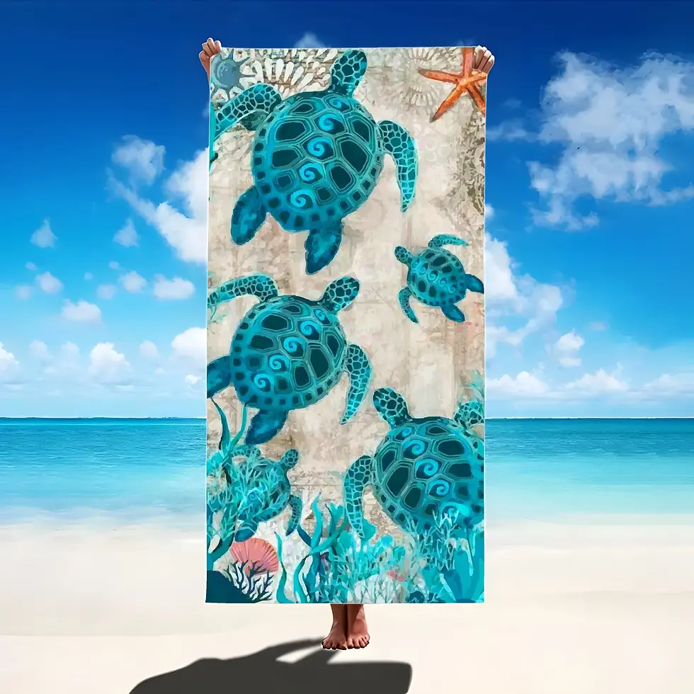 Thumbnail: Tropical Teal Sea Turtle Print Beach Towel Coastal Underwater Quick