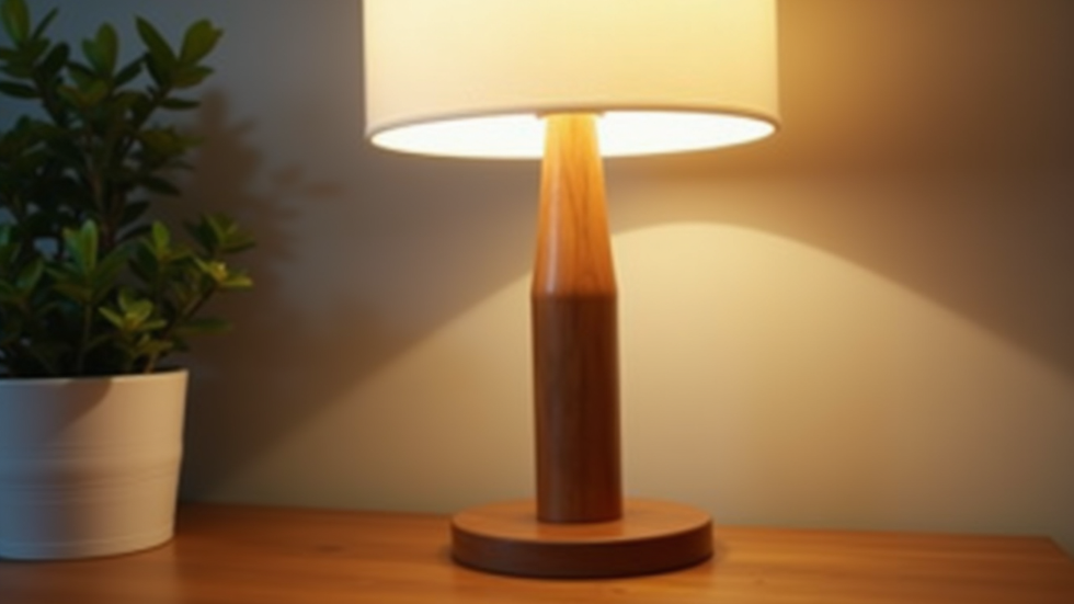 Close-up view of a mid-century modern lamp with a wooden base