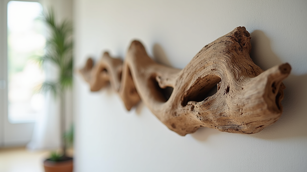 Eye-level view of a handcrafted driftwood wall art piece