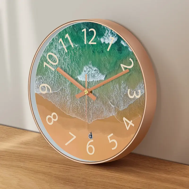 Thumbnail: 10 inch Coastal Beach Wall Clock Silent Quartz Clock with Rose Gold
