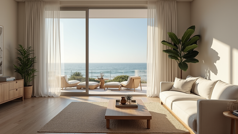 Close-up view of a modern coastal living room with natural textures