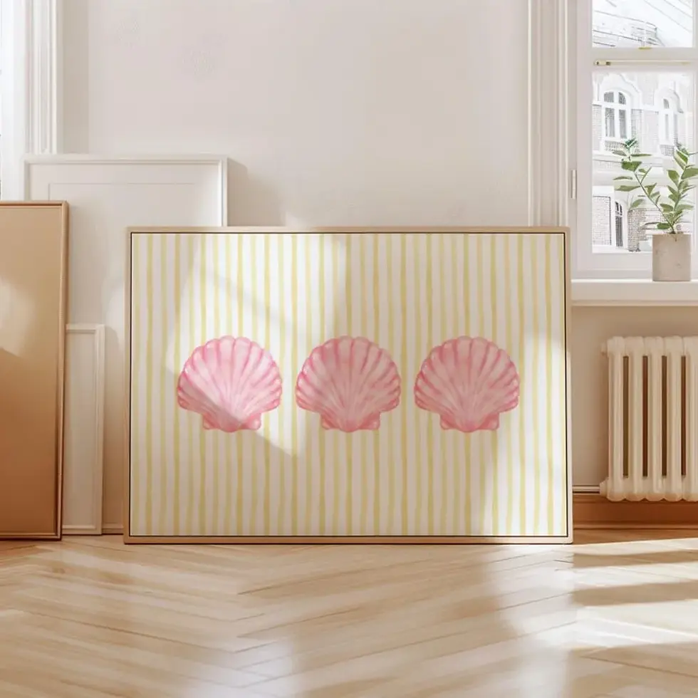 Thumbnail: 1pcs Seashell Stripes Print in Pink and Butter Yellow,Beachy Summer