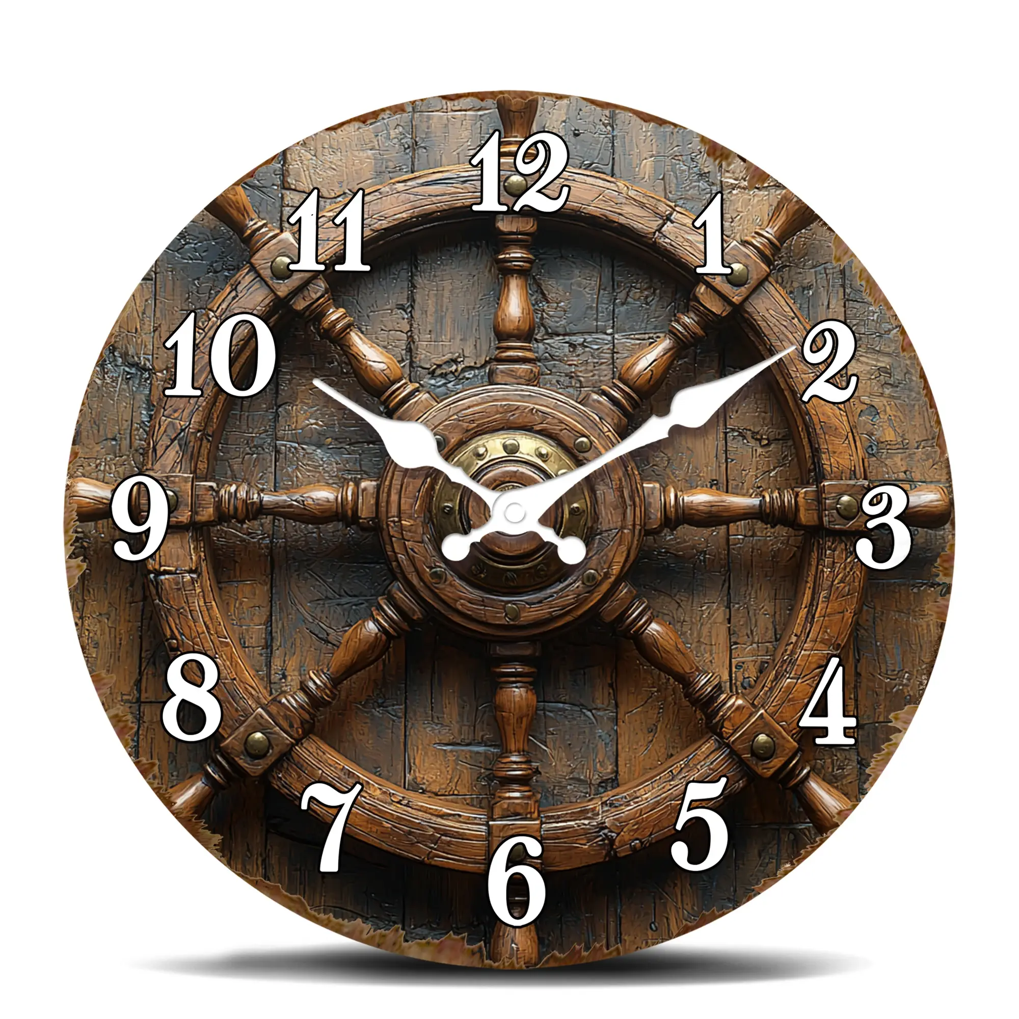 Antique Wooden Ship Steering Wheel Wall Clock - Nautical Decor for