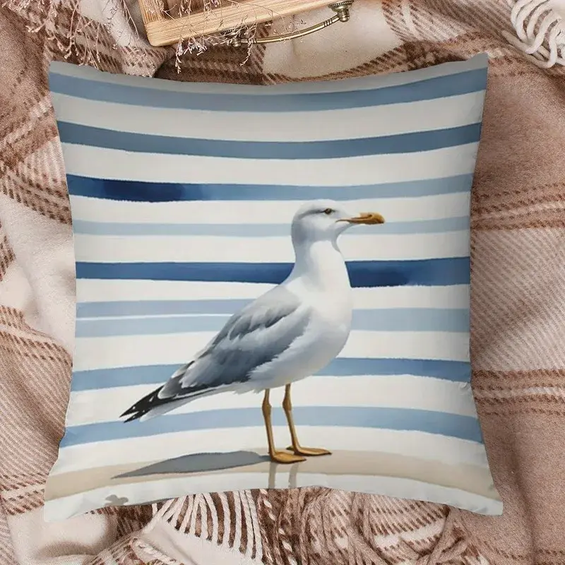 Thumbnail: 1pc Watercolor Seagull Print Throw Pillow Cover, 2D Double-Sided