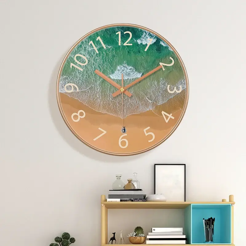 Thumbnail: 10 inch Coastal Beach Wall Clock Silent Quartz Clock with Rose Gold