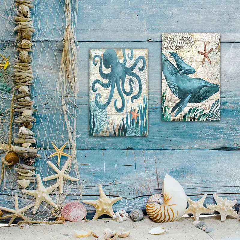 Ocean Octopus Metal Tin Sign Retro Nautical Underwater World Wall Decor