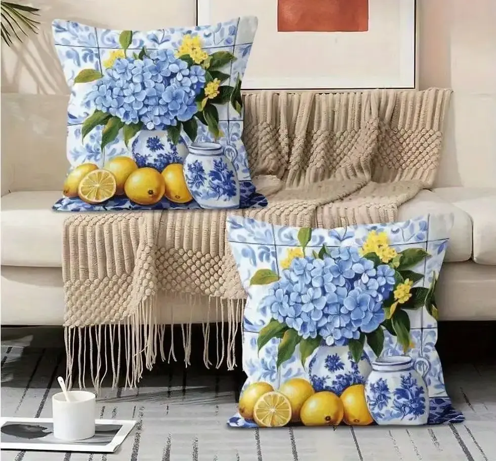 Thumbnail: 1pc Summer Coastal Lemon Floral Decorative Cushion Cover, 2D Print