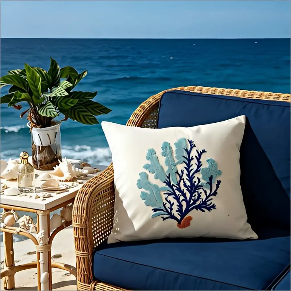Thumbnail: Double Sided Coastal Coral Throw Pillow Cover Blue Seaweed Print