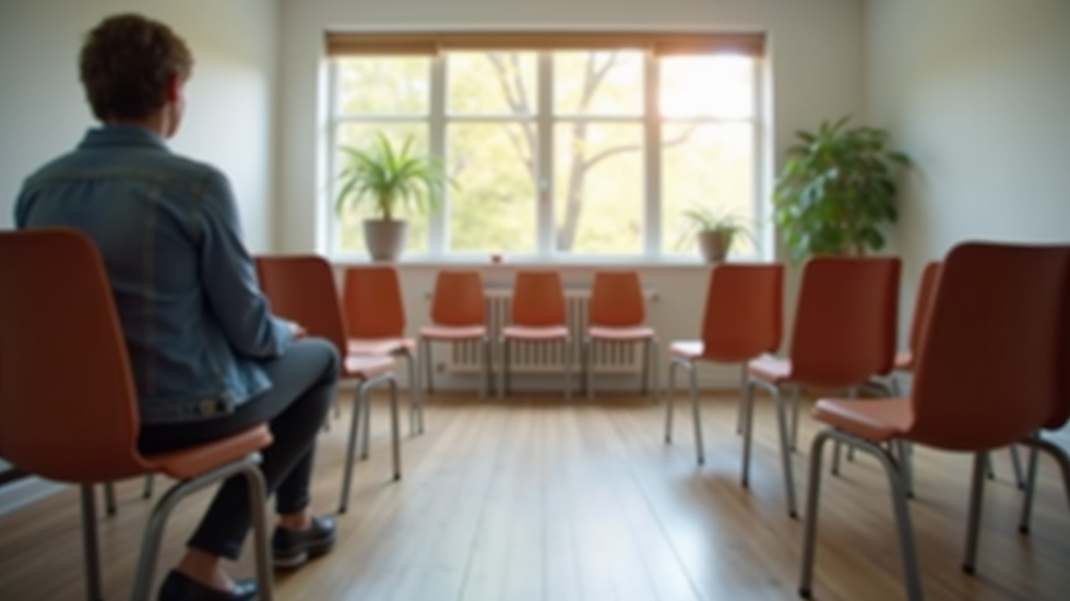 High angle view of a community meeting room with chairs arranged for a support group