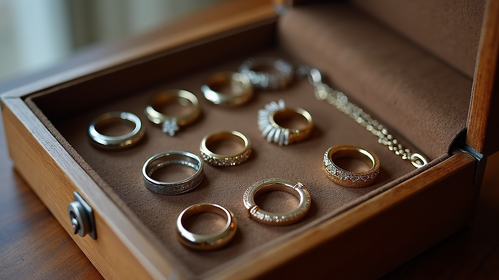 High angle view of a jewellery box with neatly arranged rings and necklaces