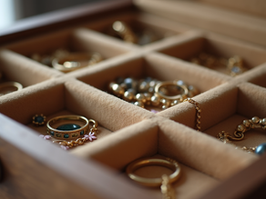 Close-up view of an organized jewellery box with compartments