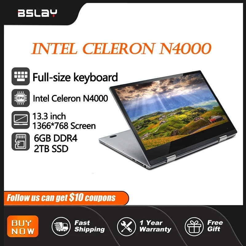 Laptop 13.3 Inch Intel Celeron N4000 360° flips HD Camera Touchscreens 6GB RAM